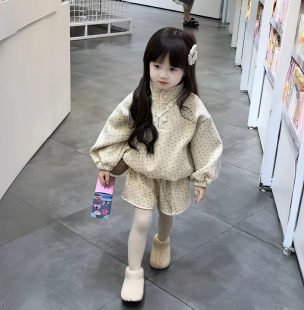 女童加绒加厚套装秋冬2025新款儿童宝宝洋气韩系圆点高领卫衣套装