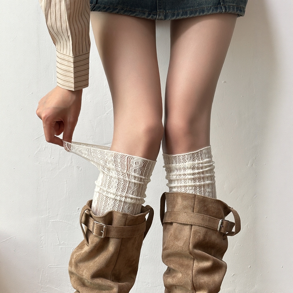 白色长筒靴袜蕾丝小腿袜