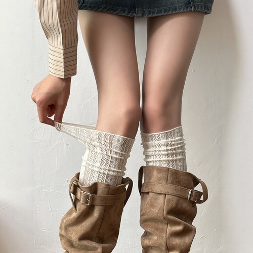 白色长筒靴袜蕾丝小腿袜