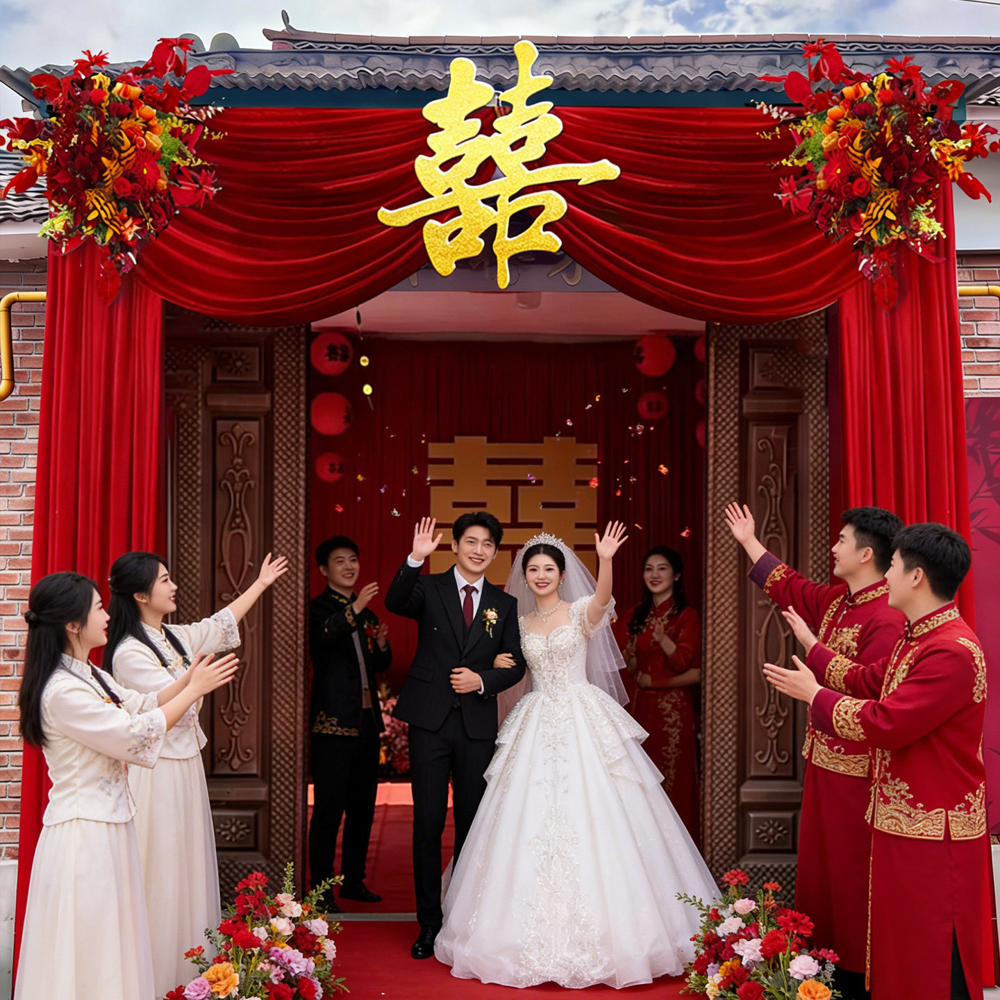 布幔农村结婚院子装饰套装自建房别墅庭院大门口拉花喜字婚房全套