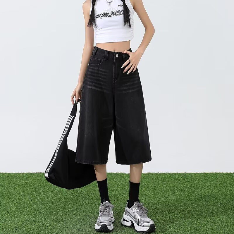美式街头高腰阔腿七分牛仔短裤女牛仔裤