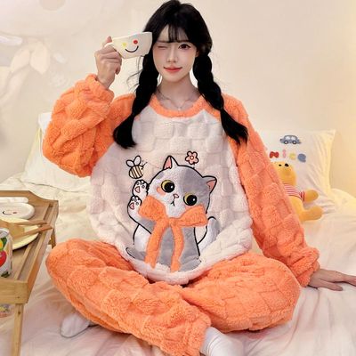 珊瑚绒睡衣女款秋冬季2025新款可爱加绒加厚保暖家居服套装可外穿