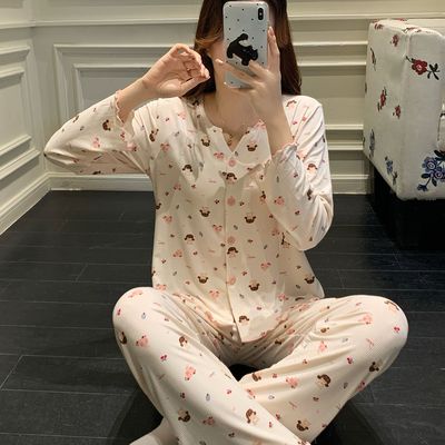 甜美女孩萌系莫代尔睡衣女春秋季长袖开衫卡通印花家居服套装新款