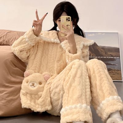 2025新款可爱轻松熊珊瑚绒睡衣女秋冬加厚加绒保暖卡通家居服套装