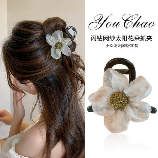 网纱水钻花朵抓夹2025女新款高级气质感高马尾发夹后脑勺夹子发饰