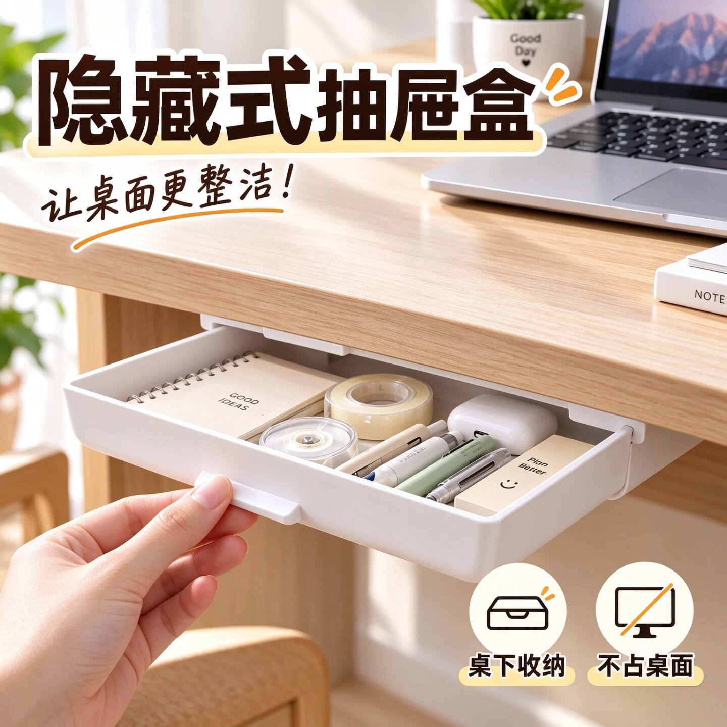 桌下隐藏式双面粘胶抽屉收纳盒