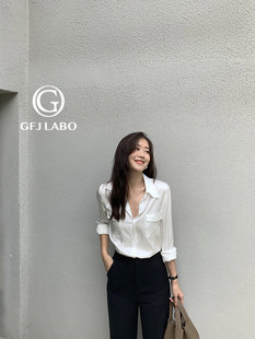 光泽感醋酸尖领口袋长袖 衬衫 修身 显瘦时髦 GFJLABO定制纯色夏季 女