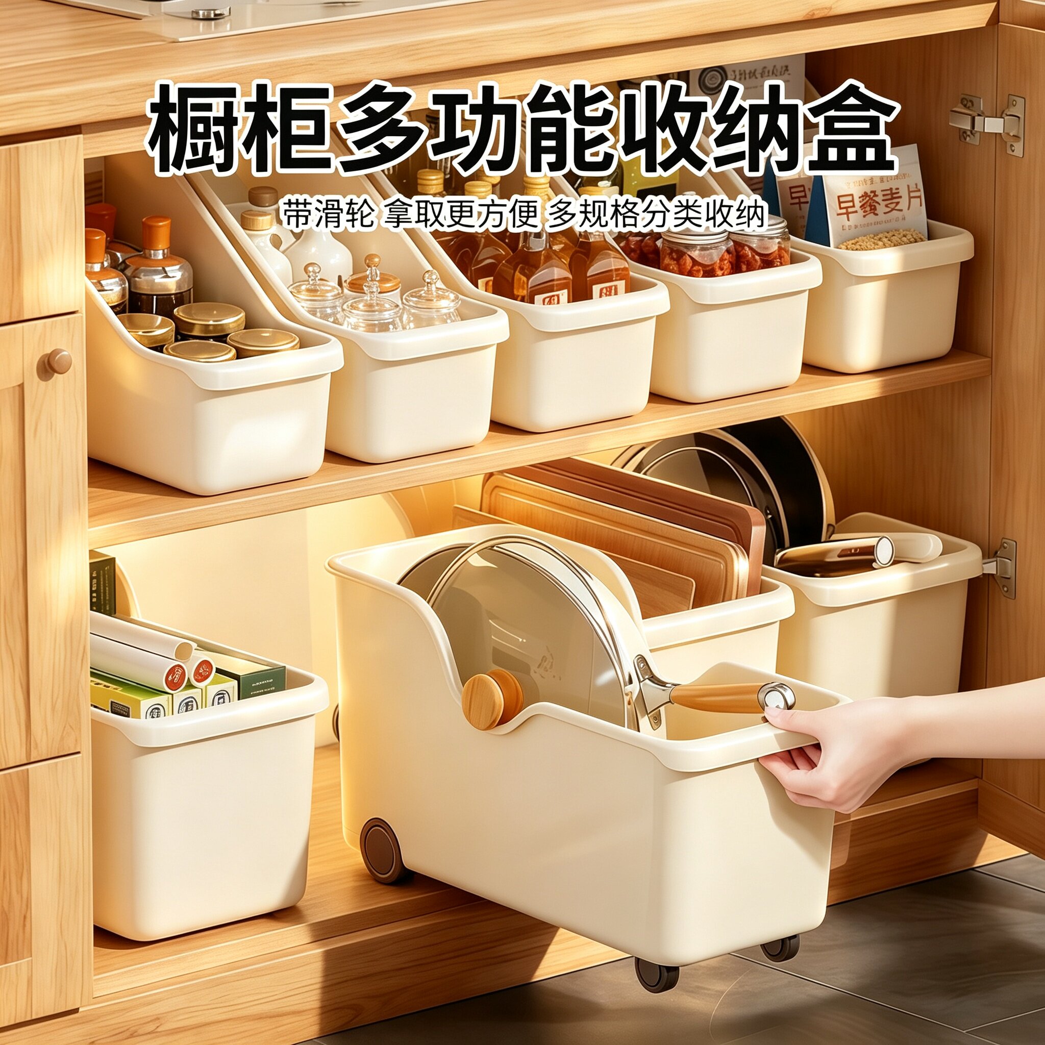厨房橱柜带滑轮收纳盒防倾倒