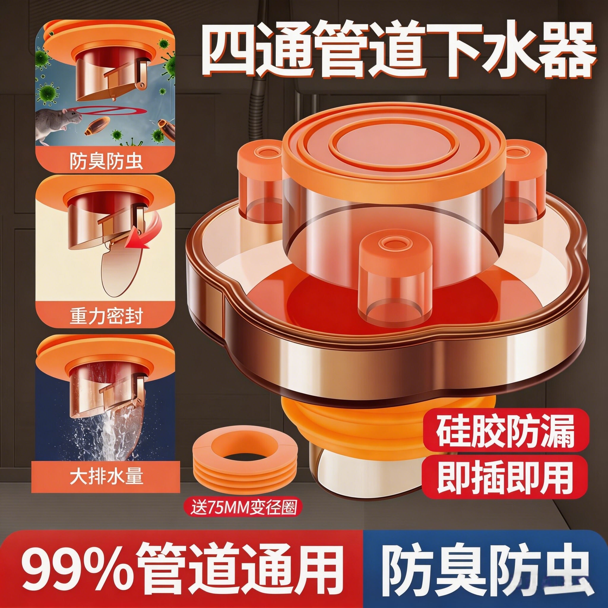 厨房下水管排水管四通防臭止水阀图片