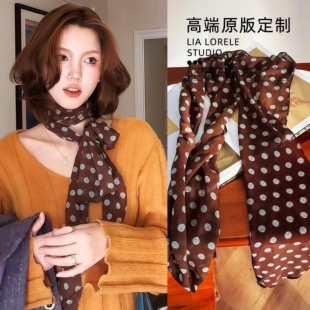 法式复古棕色波点丝巾女士系脖薄款长条围巾飘带颈饰裤子配饰腰带