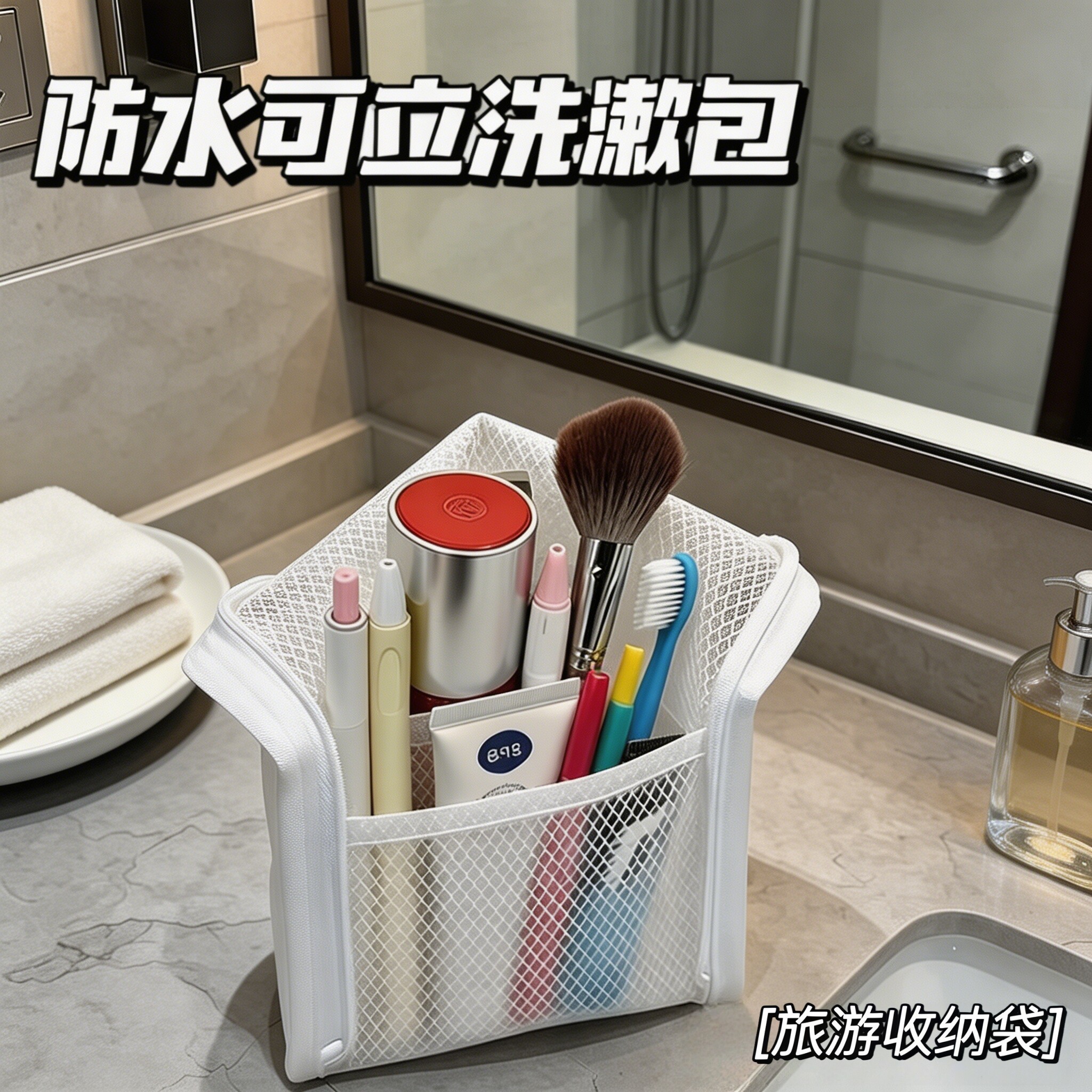 自立式洗漱收纳包网夹布化妆品包出差旅行便携防水牙刷牙膏收纳袋