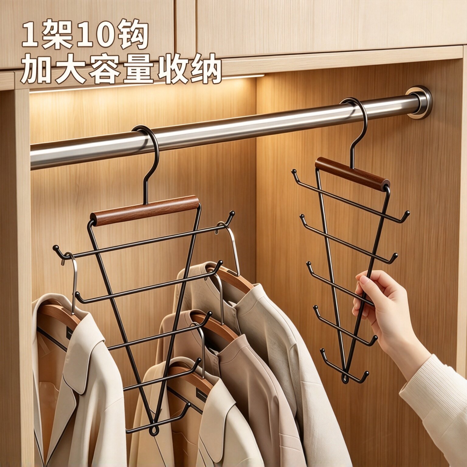 实木铁艺V型双边10钩衣柜衣架