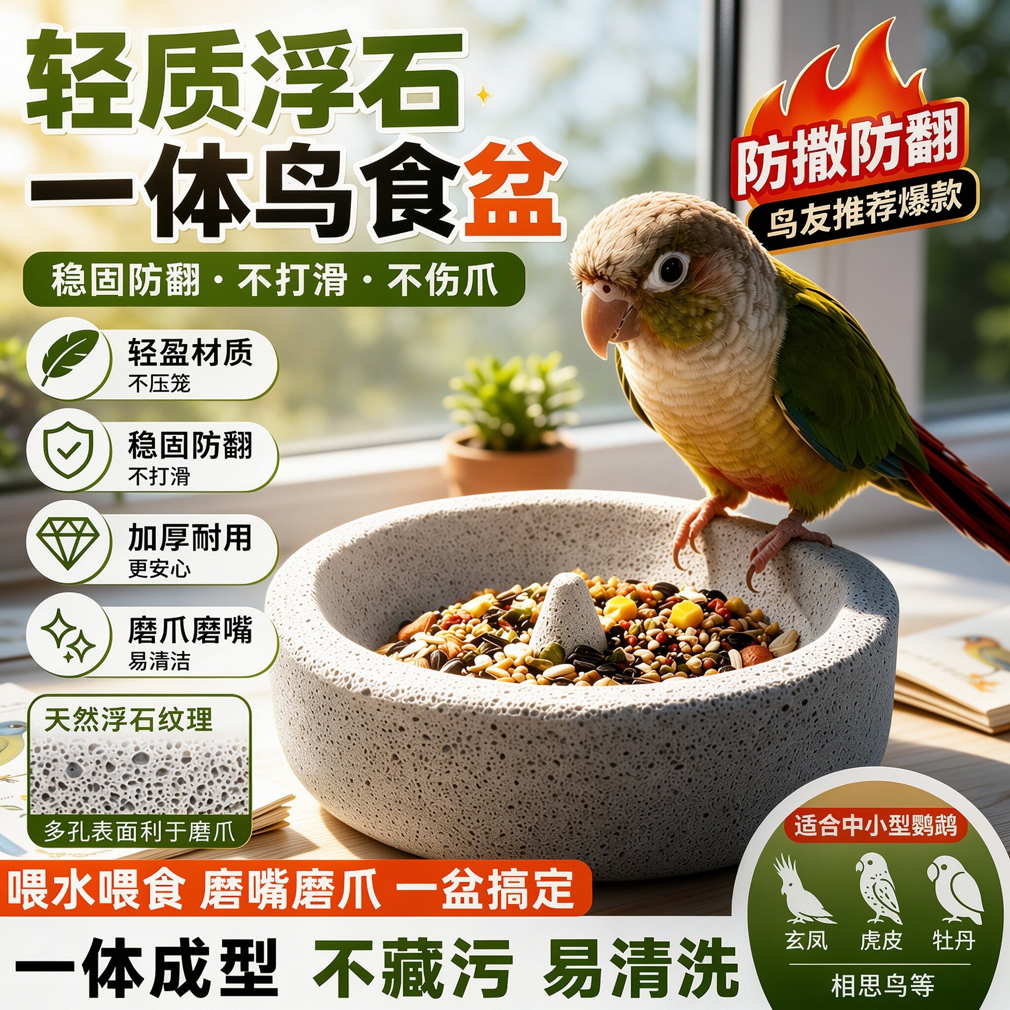 鹦鹉浮石食盆磨爪磨嘴防翻防溅