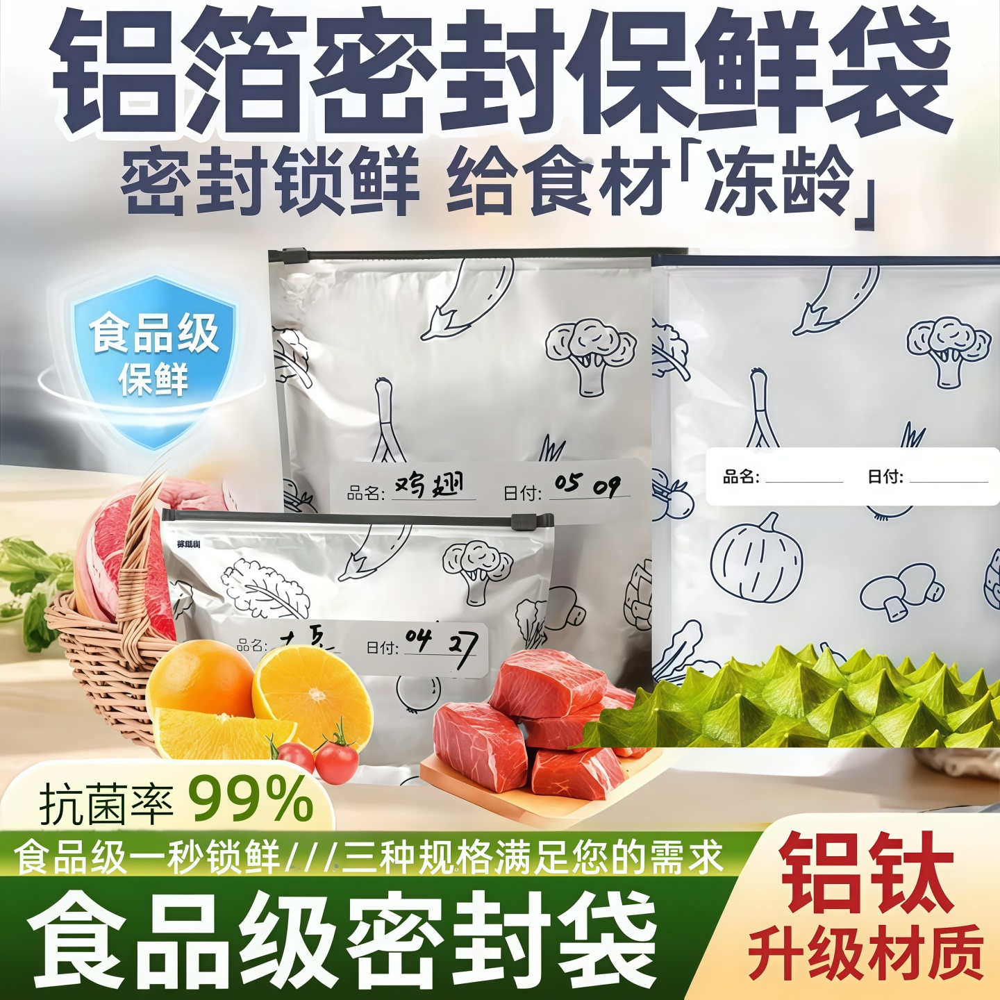 铝箔保鲜密封袋食品级抗菌拉链式