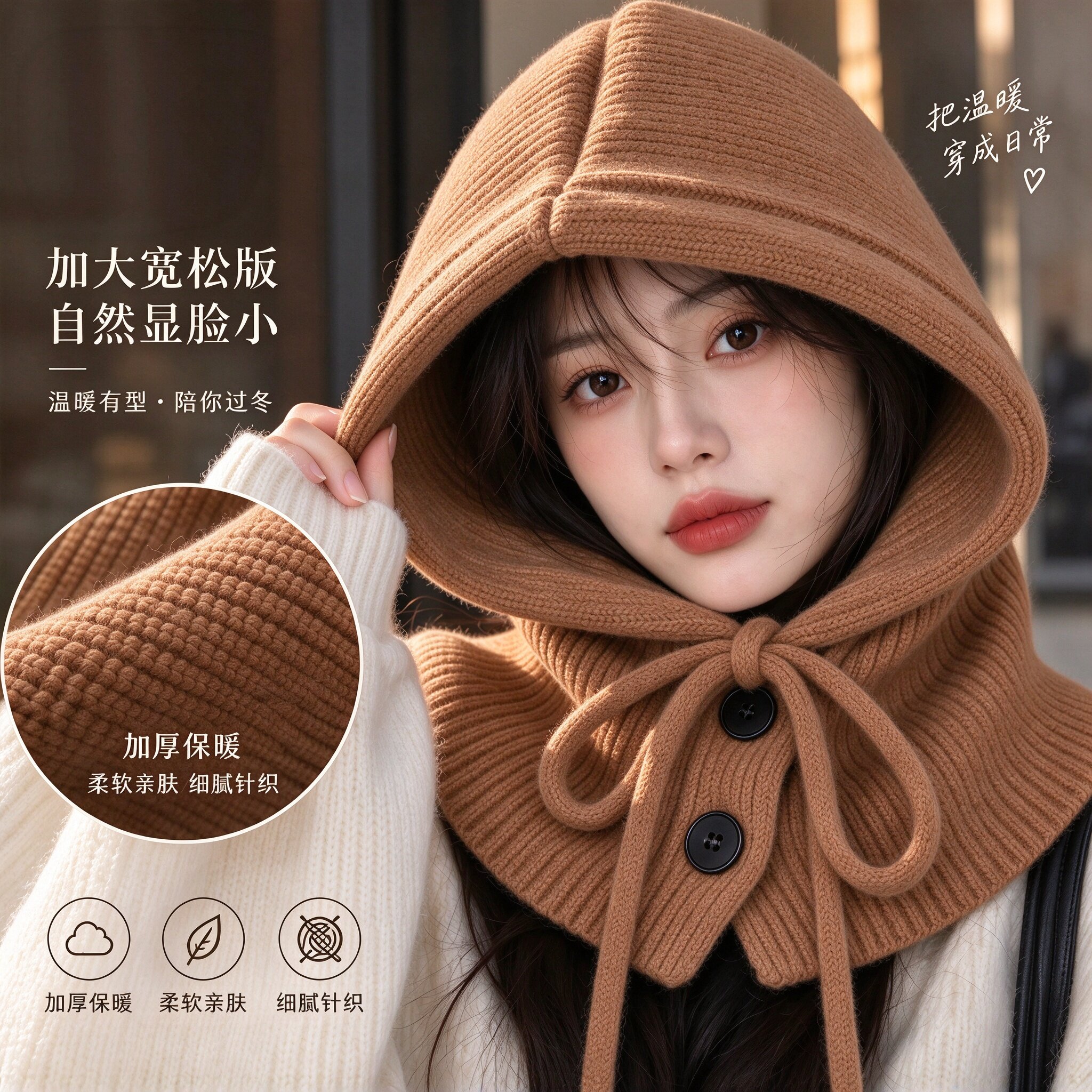 秋冬针织绵防风帽子女百搭护颈保暖纽扣围巾一体连帽围脖骑车防寒