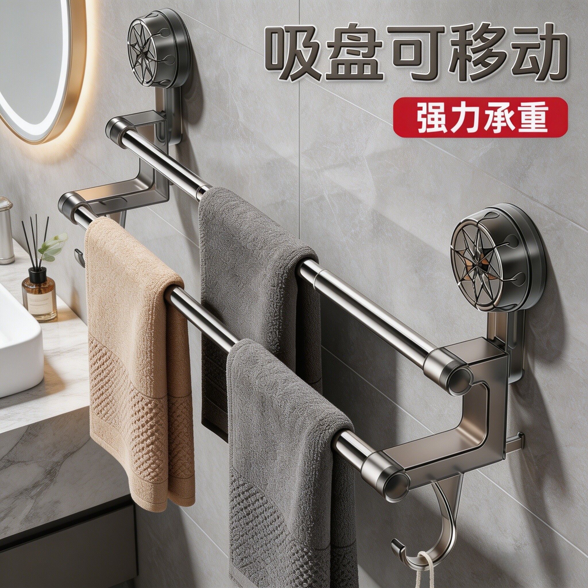 毛巾架卫生间免打孔置物架吸盘式墙上毛巾架子厕所浴室双毛巾挂杆