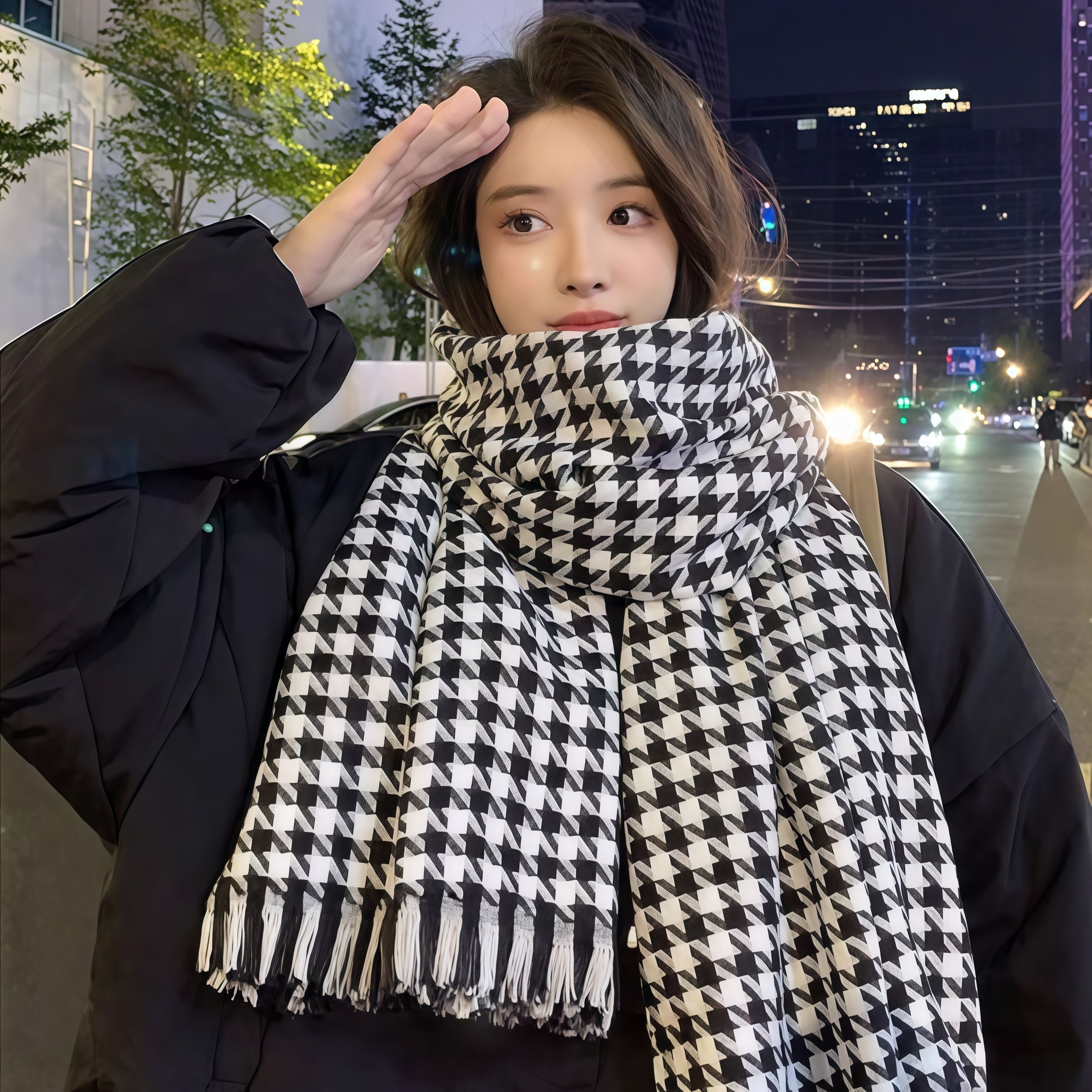 千鸟格围巾秋冬季女冬天高级感百搭加厚韩版格子韩版学生保暖围脖