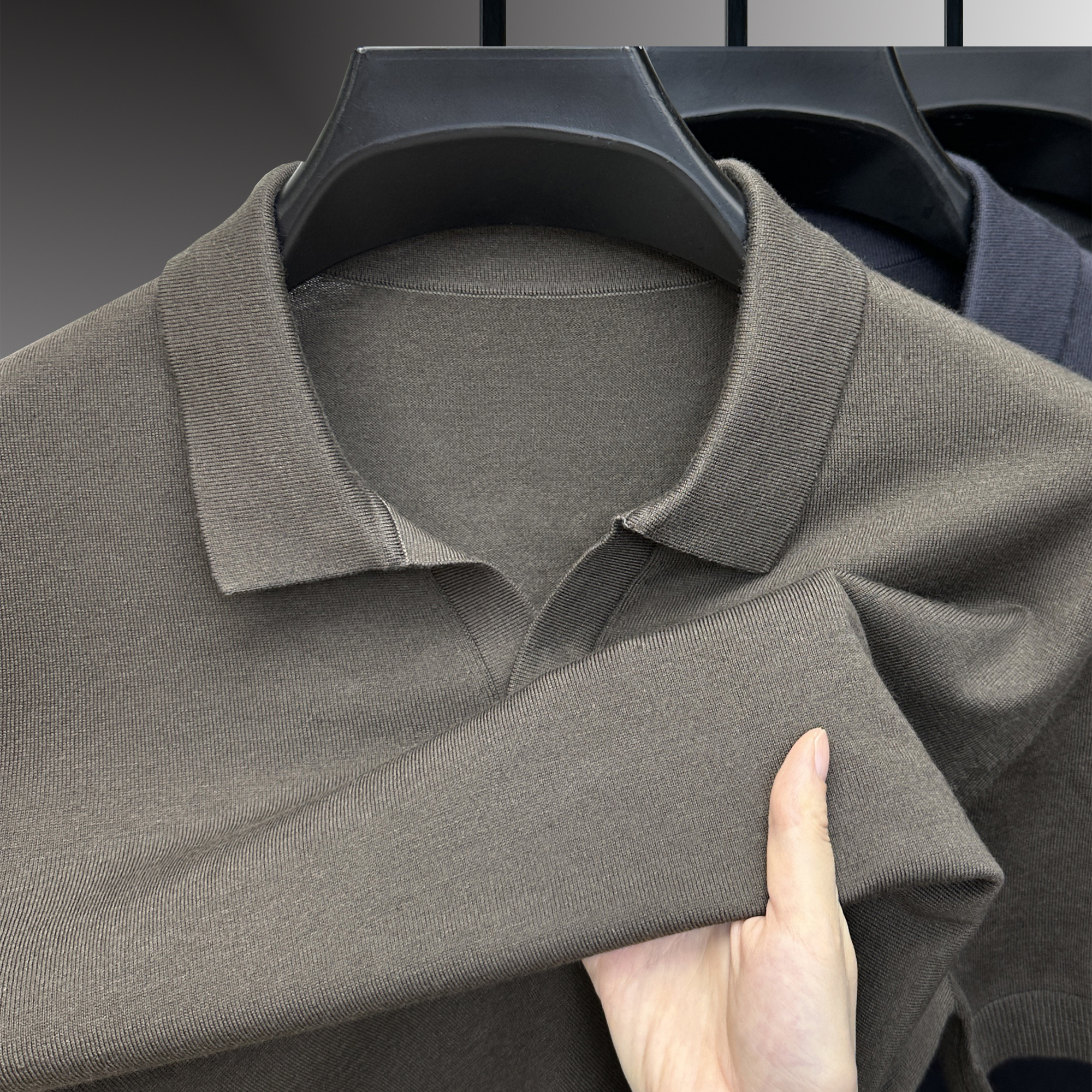 短袖毛衣秋冬男士海鸥领POLO衫半袖针织衫含桑蚕丝精纺羊毛打底衫