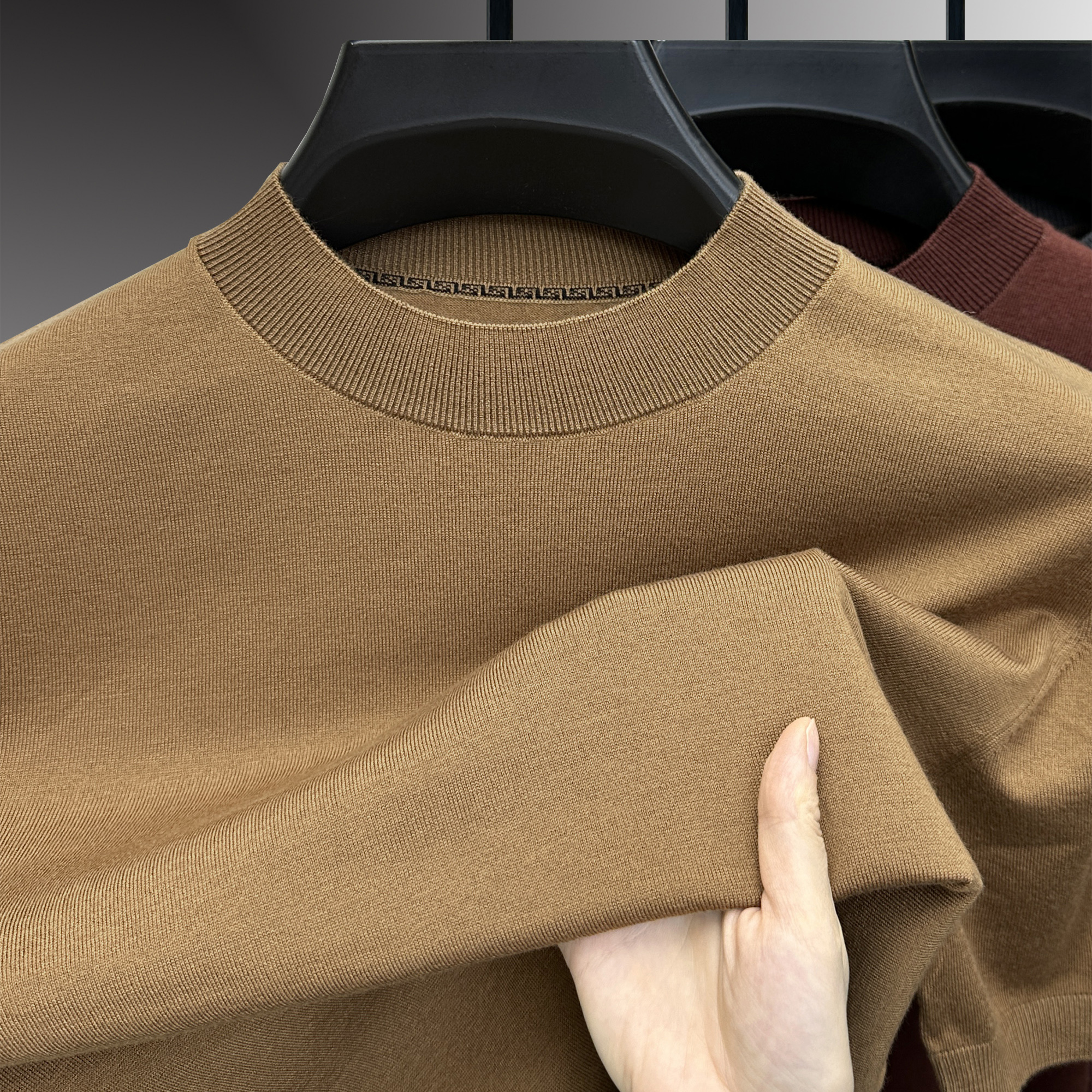 秋冬款半袖针织衫精纺含羊毛男士打底衫半高领短袖可机洗毛衣中领