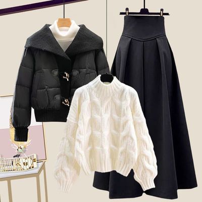 秋冬穿搭一整套女2025新款时尚棉服外套配毛衣高腰半身裙三件套装