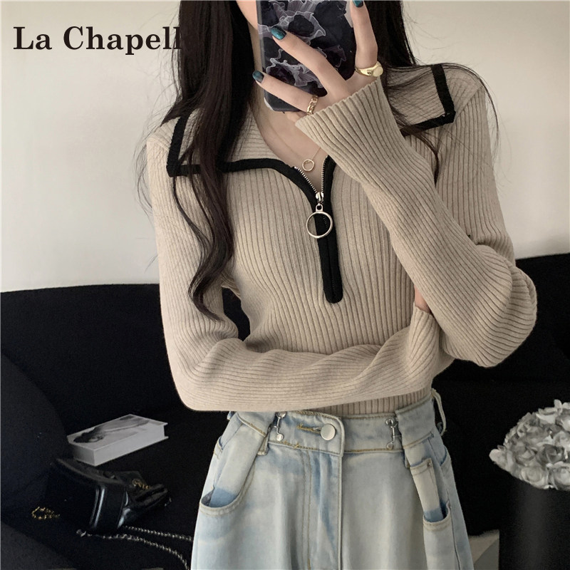 拉夏贝尔正肩polo领长袖针织衫女秋季2024新款高级感修身显瘦上衣