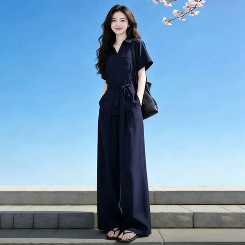 松弛感气质老钱风亚麻套装女夏季藏蓝色短袖系带衬衫阔腿裤两件套