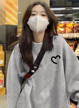 灰色卫衣女2024新款爆款春秋圆领宽松小个子秋冬加绒加厚上衣外套