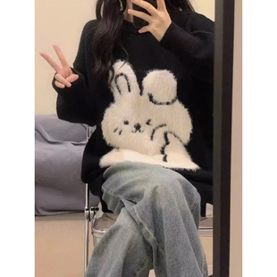 超可爱！慵懒风黑色兔子套头毛衣女秋装新款宽松长袖针织衫上衣潮