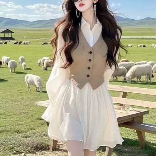 气质衬衫连衣裙秋季新款法式拼接假两件设计掐腰显瘦绝美百搭