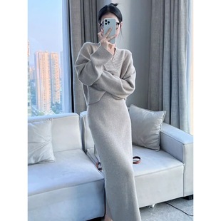 冬装搭配一整套小个子法式桔梗感小香风毛衣两件套装裙女冬季