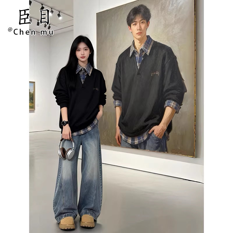 韩系假两件格子衬衫领卫衣男款春季美式高街拼接polo衫情侣打底衫