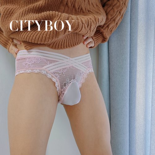 CITYBOY~蕾丝低腰男透气无痕性感三角裤透明网纱带套诱惑超薄内裤