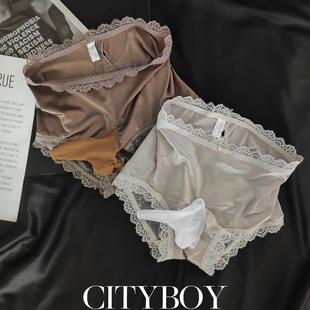【高级光滑缎面】男士性感带套套内裤三角蕾丝边中高腰情调开裆裤