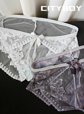 爆款个性蕾丝男士大码内裤全透无痕性感诱惑蜜桃臀低腰U凸三角裤