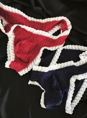 法式温柔男女款半包臀蕾丝花边丁字裤柔软冰丝提花无痕情侣内裤