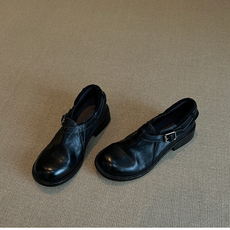 2026早春款真皮复古英伦风圆头粗跟单鞋女金属扣乐福鞋百搭深口鞋,女鞋,深口单鞋,淘宝优惠券,粉丝福利购,淘宝优惠卷