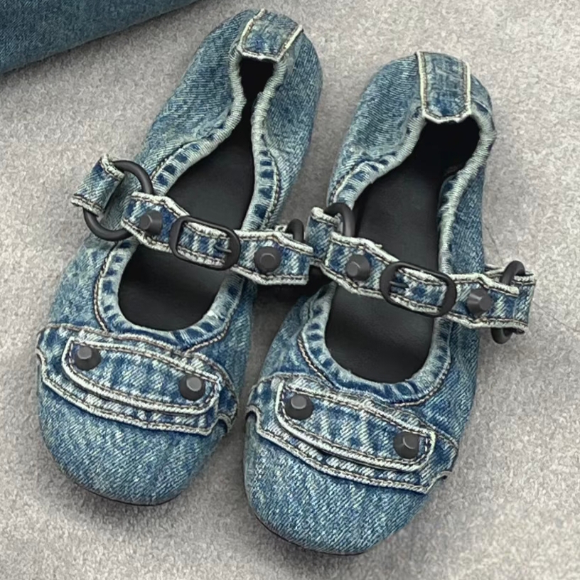 欧洲站2025复古牛仔玛丽珍鞋