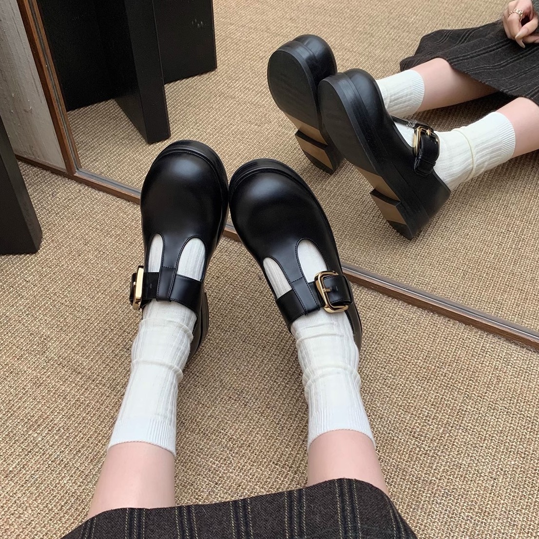 早春学院风真皮厚底粗跟玛丽珍鞋