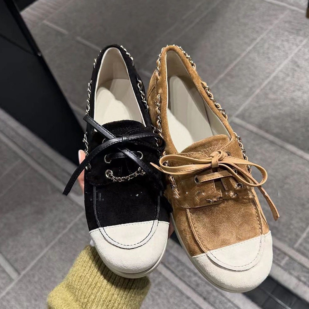 2026早春款真皮小香风链条麂皮乐福鞋女平底拼色系带休闲百搭单鞋,女鞋,深口单鞋,淘宝优惠券,粉丝福利购,淘宝优惠卷