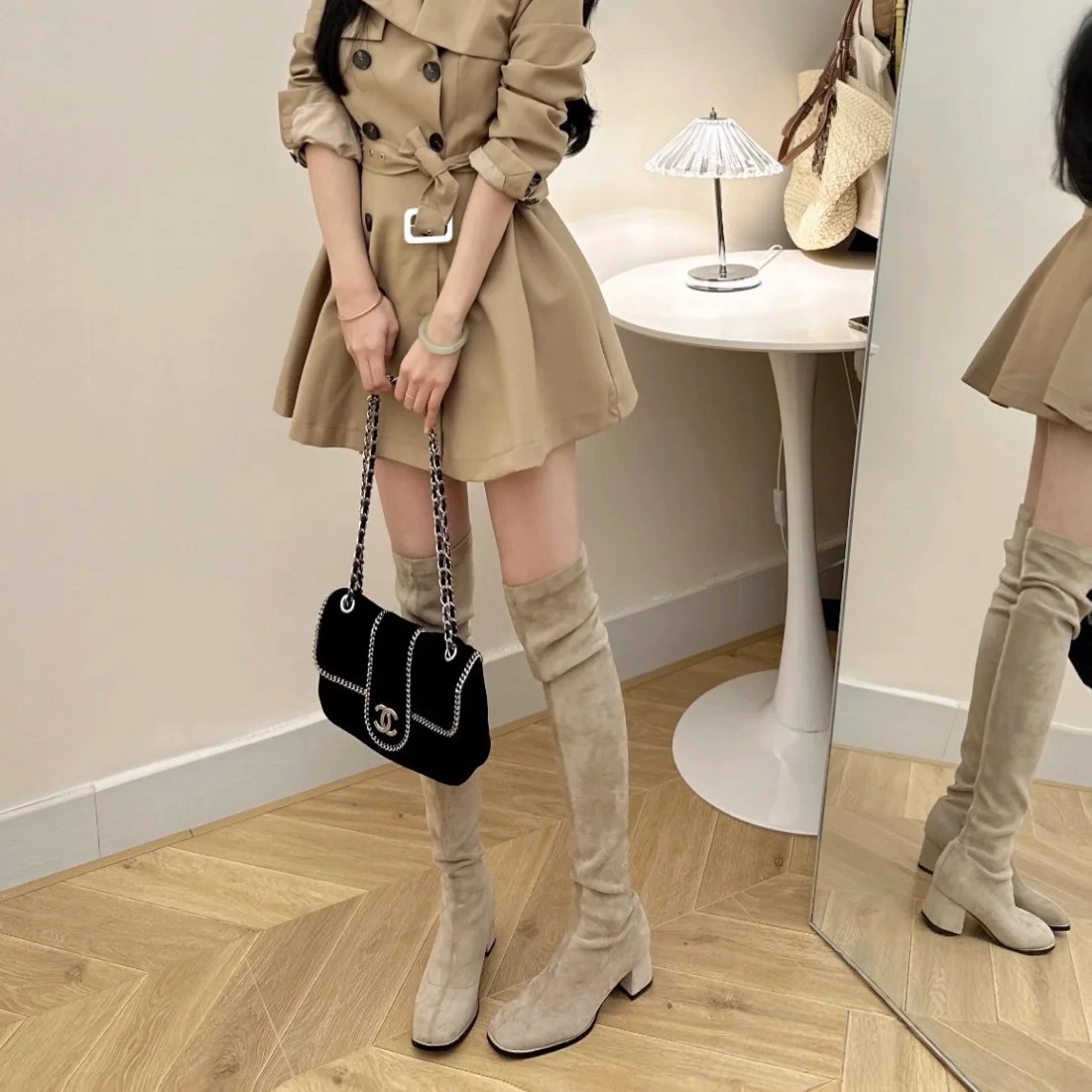 小方头弹力过膝长筒靴丝绒粗跟