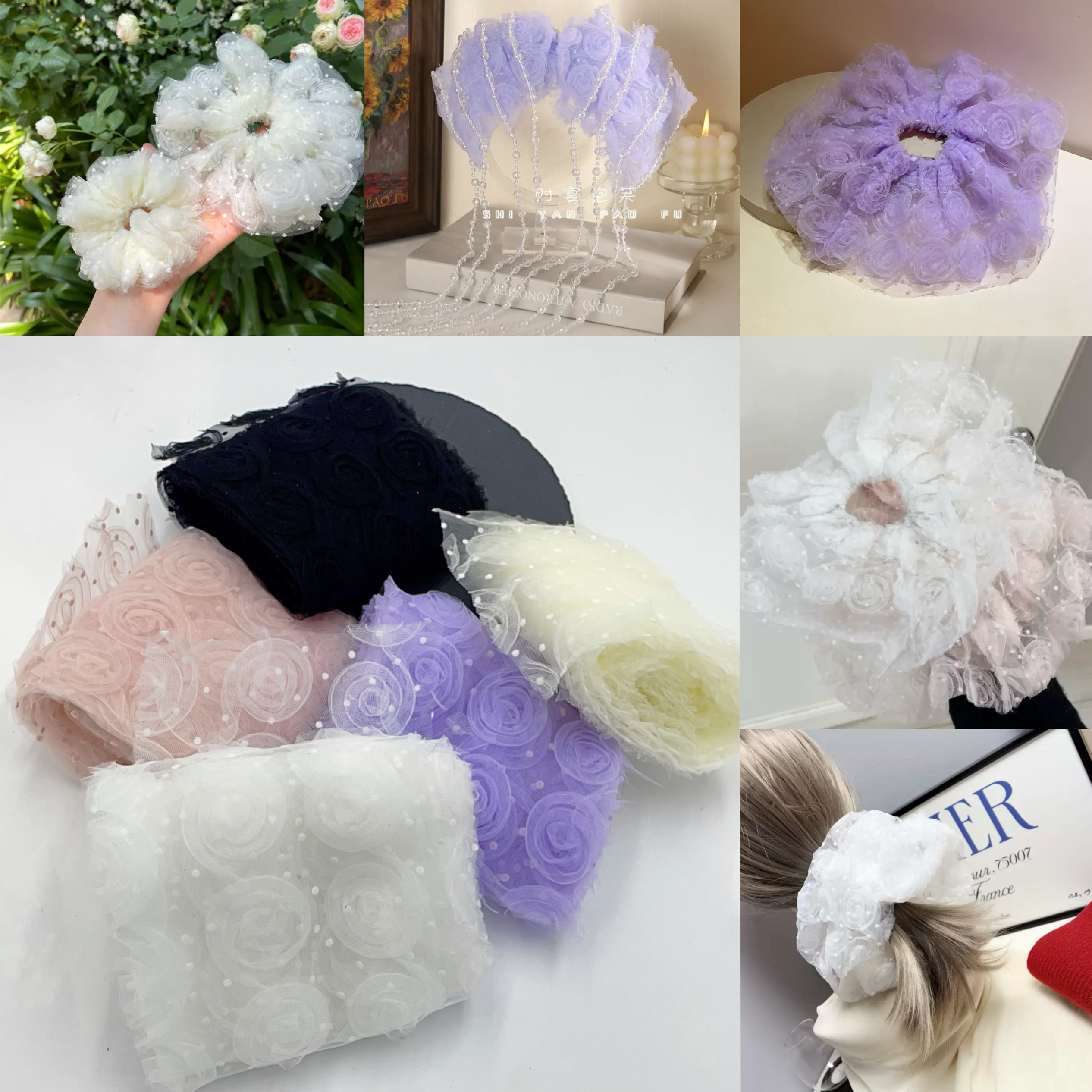 12cm立体盘玫瑰花植绒点网纱diy手工制作韩版发圈蝴蝶结材料配件