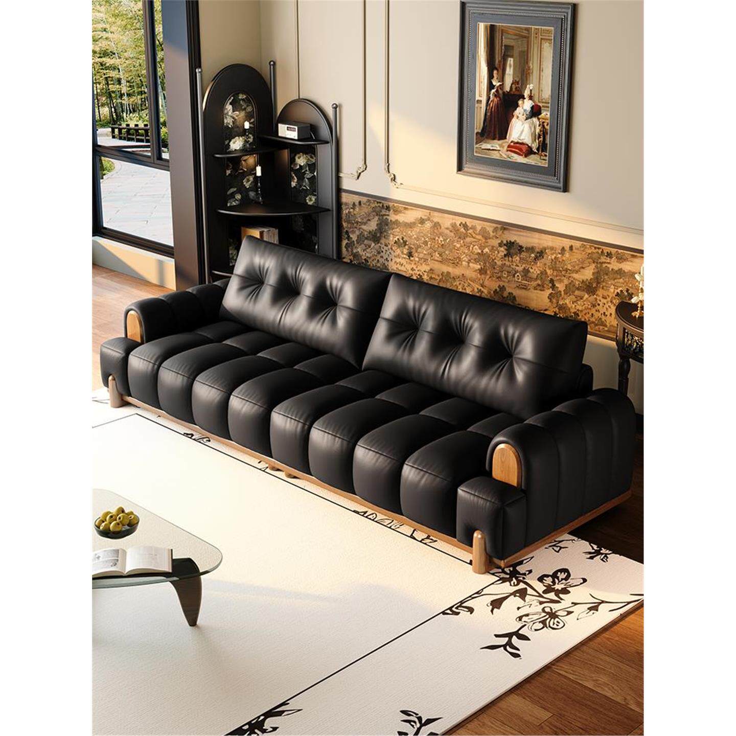 钢琴键意式极简真皮沙发客厅简约现代轻奢头层牛皮直排皮中古风