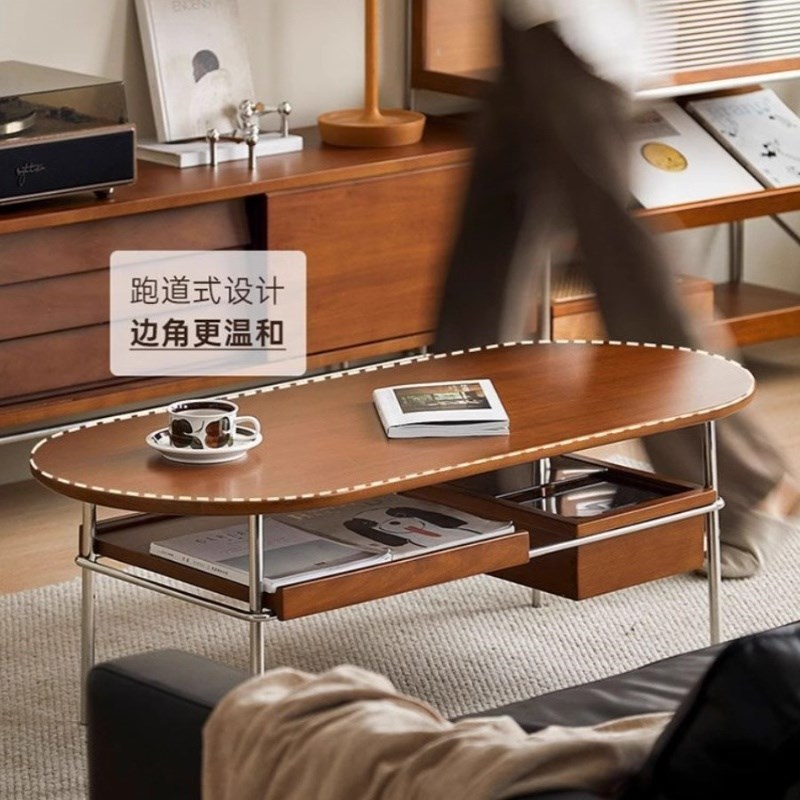 优选北欧实木茶几复古小户型客厅家用小I桌子日式简约不锈钢椭圆