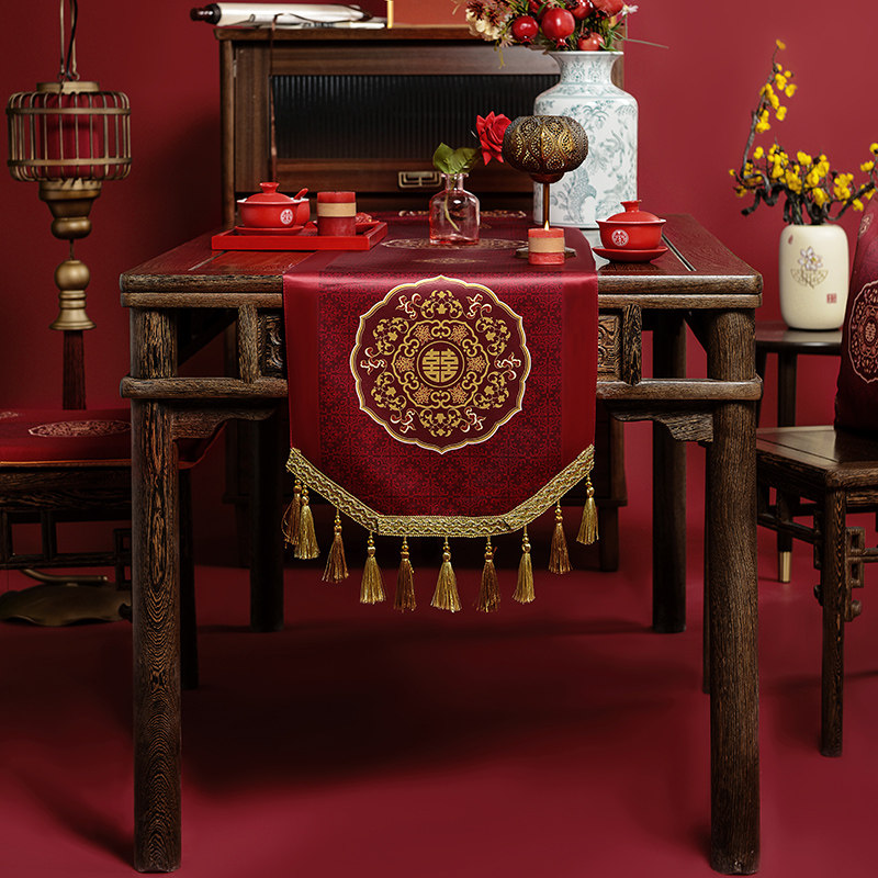 优选桌旗结婚新中式红色餐桌旗布防水长条桌N布婚礼茶几装饰布斗