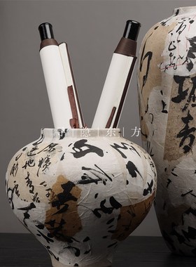 精选新中式d样板间会所展示柜博古架茶室手工复古书法陶瓷花器摆