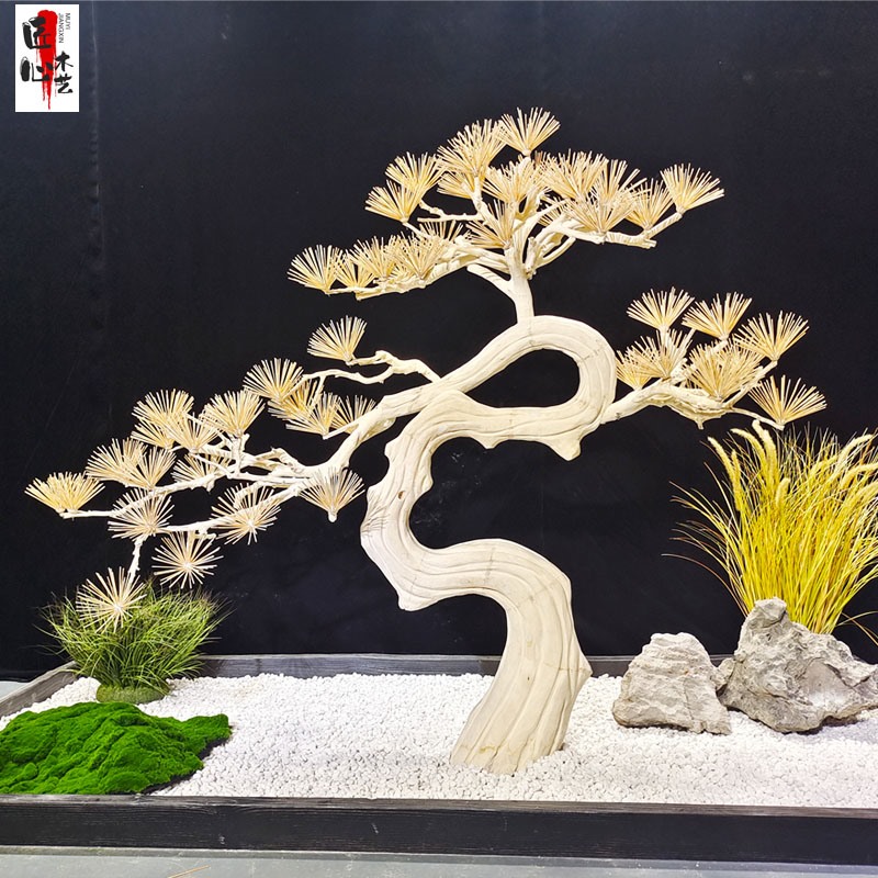 优选仿真迎客松造型松树摆件雪松枯木实木造景Q酒店玄关景观新中