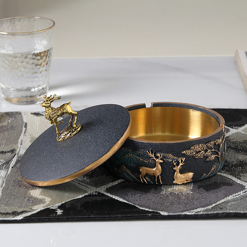 优选新中式轻奢风复古客厅带x盖家用高档树脂烟灰缸防飞灰创意个