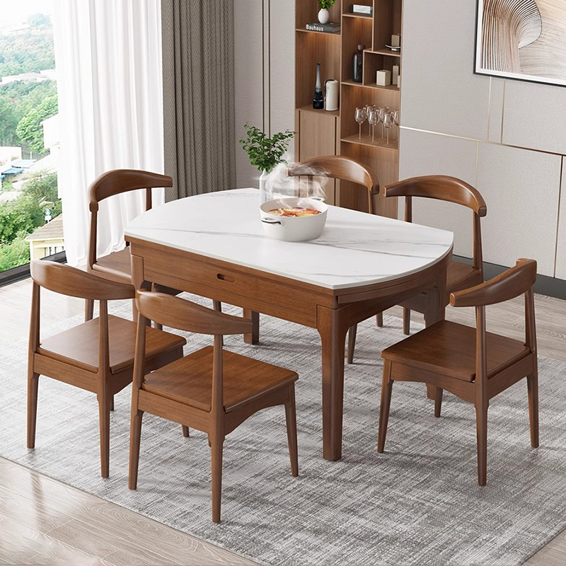 优选岩板餐桌现代简约小户型带电磁炉实木可变圆S桌伸缩餐桌椅组