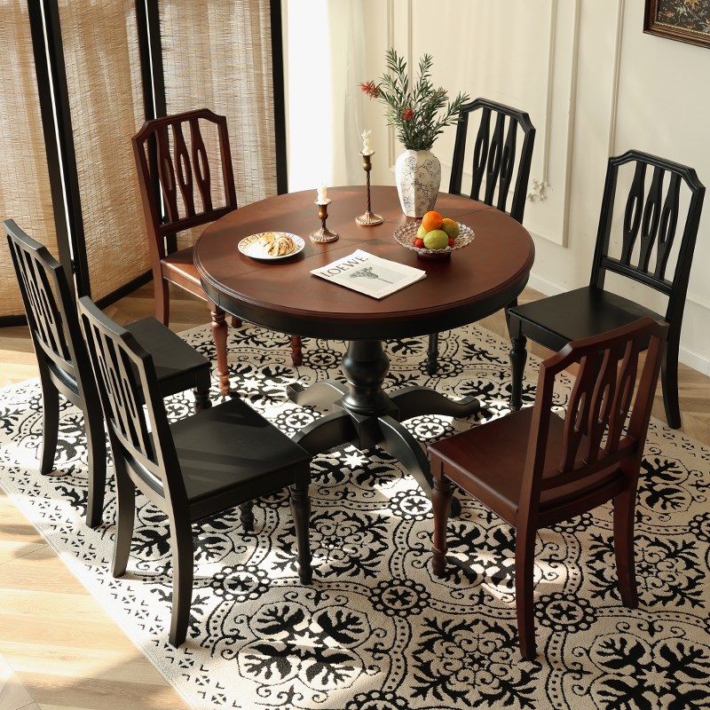 优选新款美拉德实木伸缩餐桌B法式小户型家用圆桌客厅复古桌子