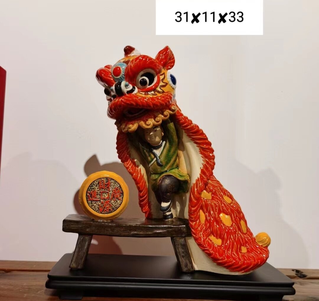 陶瓷醒狮黄飞鸿舞狮子擂台手工件